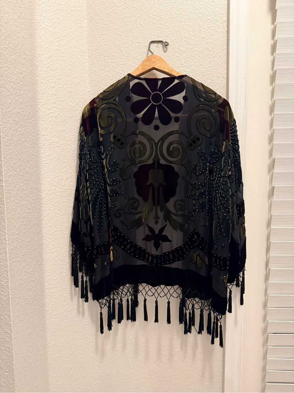 Boho Velvet Fringe Open-Front Jacket Cape in Black